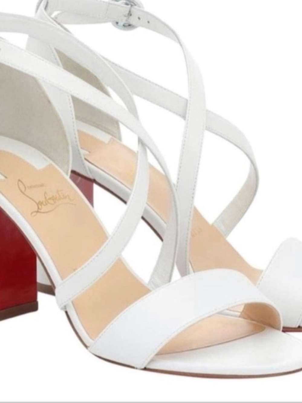 Christian Louboutin White Strappy Block Heel Sandals with Signature Red Sole - Picture 2 of 12